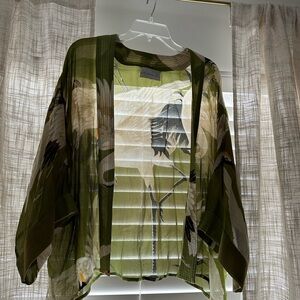 One Hundred Stars Green Sheer Kimono with Crane Print